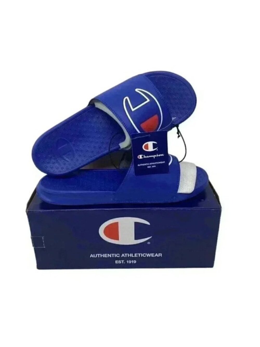 Champion Size 11 Men’s Super Slide Athletic Sandals Surf The Web Blue Red Flats